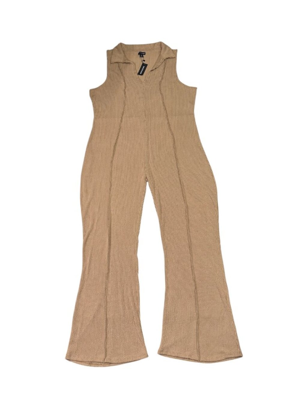 NWT PLT Plus Casual Minimalist Thick Rib Front Zip Collar Jumpsuit Beige Size 24